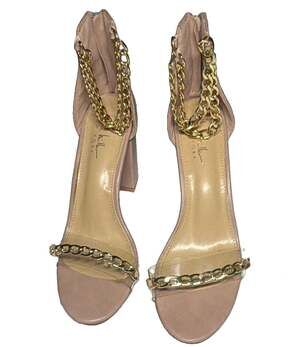 Nicole Miller Gabriella Y2K Gold Chain Block Heel Sandals Women’s Size 9 luxe